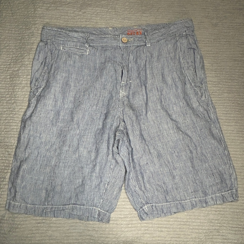 Tommy Bahama Relax Mens 36 Blue White Striped 100% Linen Flat Front Shorts